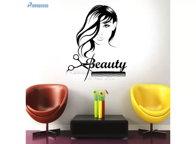BEAUTY GIRL LONG HAIR SCISSORS COMB BARBERSHOP WALL STICKERS VINYL REMOVABLE INTERIOR STICKER