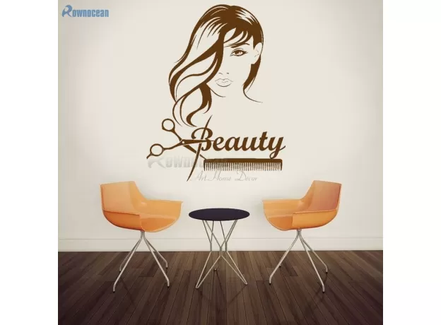 BEAUTY GIRL LONG HAIR SCISSORS COMB BARBERSHOP WALL STICKERS VINYL REMOVABLE INTERIOR STICKER