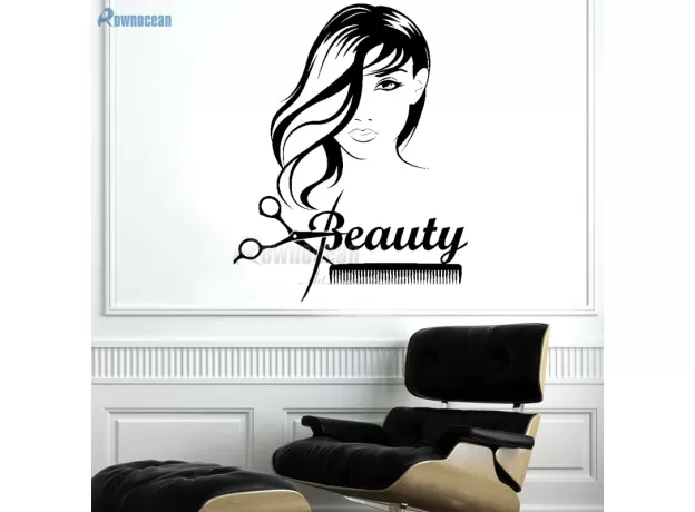 BEAUTY GIRL LONG HAIR SCISSORS COMB BARBERSHOP WALL STICKERS VINYL REMOVABLE INTERIOR STICKER