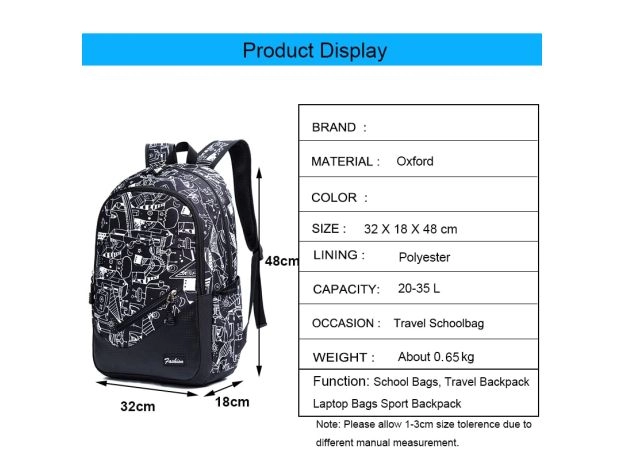 WATERPROOF OXFORD FABRIC SCHOOL BACKPACKS FOR BOYS PRINT SCHOOL BAGS FOR GIRLS 17 INCH LAPTOP BACKPACK