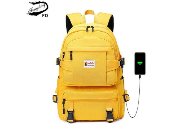 Fengdong fashion yellow backpack children school bags for girls waterproof oxford large school backpack