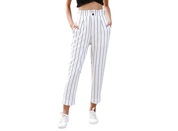 women's pants Striped Slim Straight Leg Casual Button Pants With Pockets