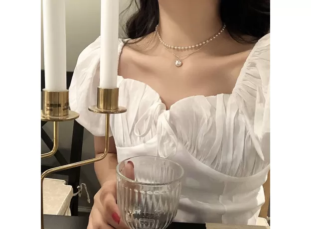 NEW DOUBLE LAYER CHAIN GOLD CHOKER NECKLACE WOMEN KOREAN STYLE PEARL PENDANT NECKLACE