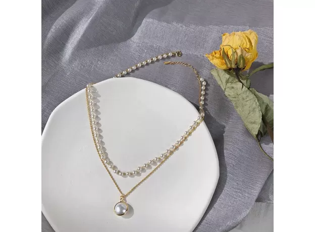 NEW DOUBLE LAYER CHAIN GOLD CHOKER NECKLACE WOMEN KOREAN STYLE PEARL PENDANT NECKLACE