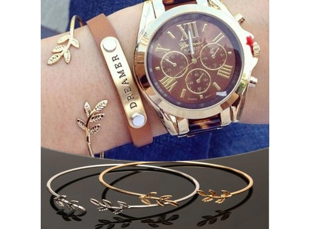 GOLD SILVER PLATED CUFF BRACELETS FOR WOMEN LEAVES BRACELETS POPULAR OPEN BANGLE BRACELETS