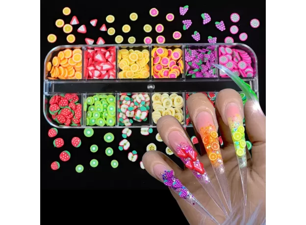 12 COLORS/BOX 3D FRUIT TINY SLICES STICKER MIXED STYLE POLYMER CLAY NAIL ART DECORATION