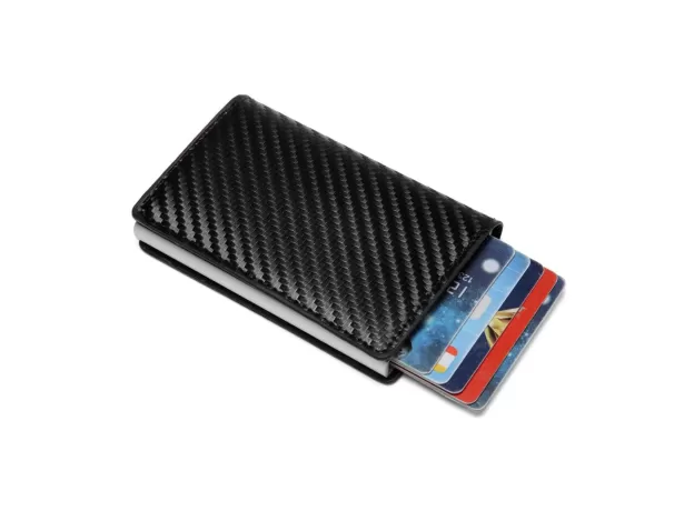 MEN AUTOMATIC CREDIT CARD HOLDER CARBON FIBER LEATHER WALLET ALUMINUM MINI WALLET