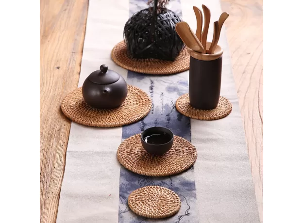 1PC ROUND NATURAL RATTAN COASTERS BOWL PAD HANDMADE INSULATION PLACEMATS TABLE PADDING