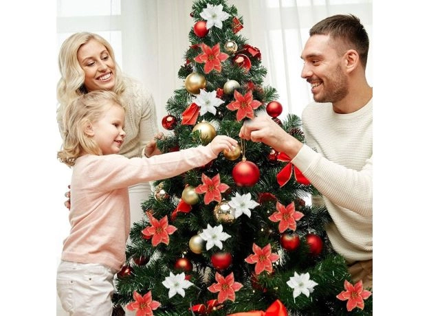 5PCS ARTIFICIAL CHRISTMAS FLOWERS GLITTER FAKE FLOWERS MERRY CHRISTMAS TREE DECORATION