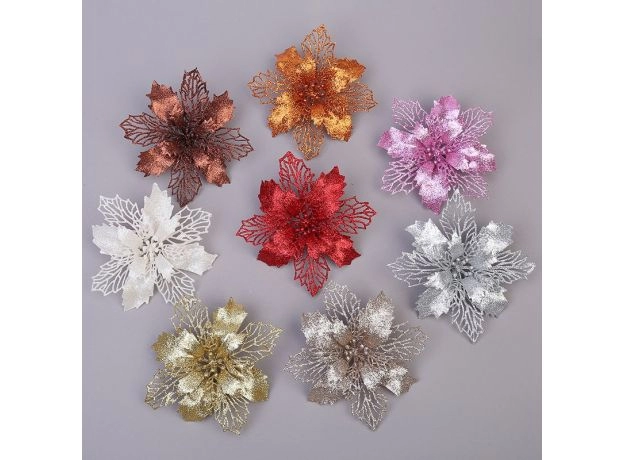 5PCS ARTIFICIAL CHRISTMAS FLOWERS GLITTER FAKE FLOWERS MERRY CHRISTMAS TREE DECORATION