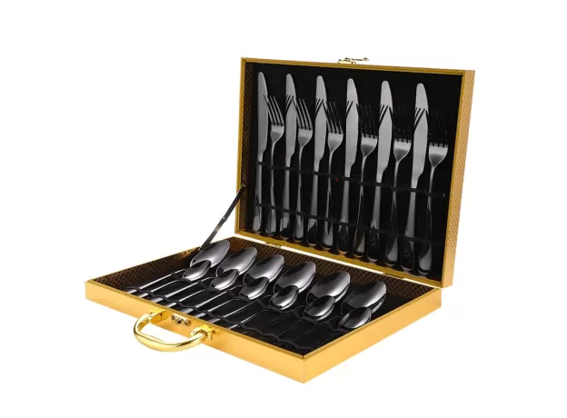 BLACK CUTLERY SET 24 PCS STAINLESS STEEL CUTLERY BOX FORKS KNIVES SPOONS DINNER SET