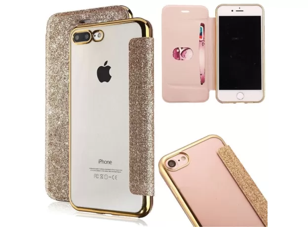 LUXURY GLITTER LEATHER FLIP WALLET CASE FOR IPHONE CLEAR BLING BACK TPU CASE