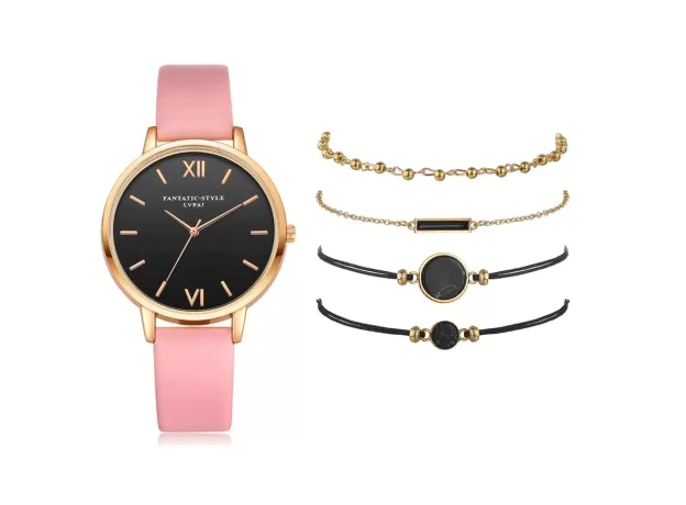 5PCS SET TOP STYLE FASHION WOMEN'S LUXURY LEATHER BAND ANALOG QUARTZ LADIES WATCH