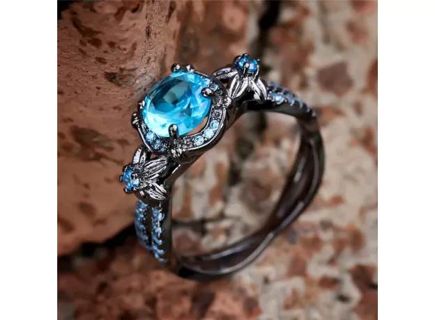 CHARM FEMALE MALE BLUE ROUND ZIRCON RING DAINTY 14KT BLACK GOLD ENGAGEMENT RINGS