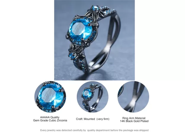 CHARM FEMALE MALE BLUE ROUND ZIRCON RING DAINTY 14KT BLACK GOLD ENGAGEMENT RINGS