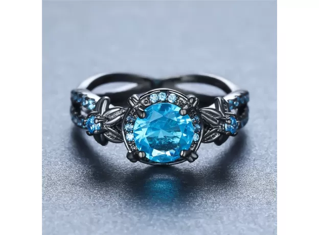 CHARM FEMALE MALE BLUE ROUND ZIRCON RING DAINTY 14KT BLACK GOLD ENGAGEMENT RINGS