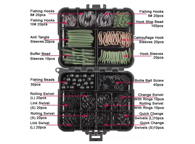 FISHING TACKLE KIT INCLUDING SWIVELS HOOKS ANTI TANGLE SLEEVES HOOK STOP BEADS BOILIE BAIT