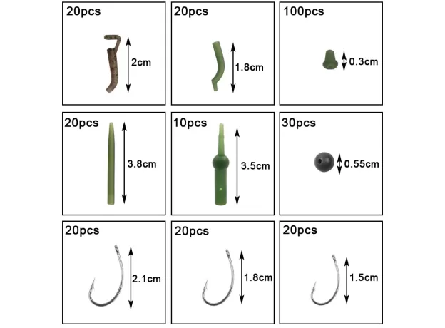 FISHING TACKLE KIT INCLUDING SWIVELS HOOKS ANTI TANGLE SLEEVES HOOK STOP BEADS BOILIE BAIT
