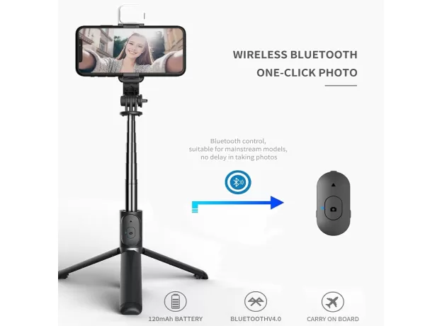 WIRELESS BLUETOOTH SELFIE STICK FOLDABLE MINI TRIPOD WITH FILL LIGHT SHUTTER REMOTE CONTROL FOR IOS ANDROID