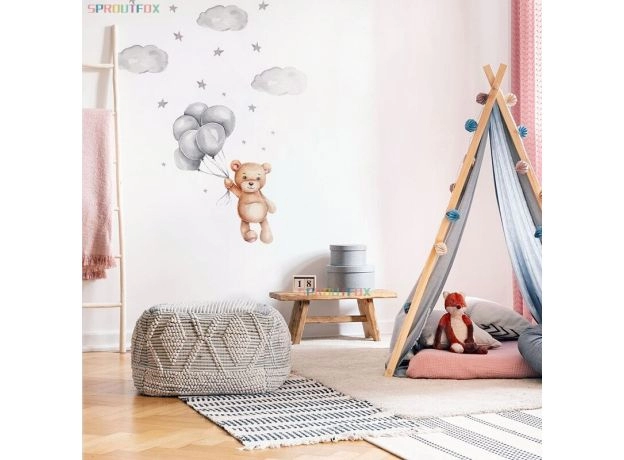 LOVELY BEAR WITH BALLOON BEDROOM WALL STICKERS FOR KIDS ROOMS GIRLS NURSERY DECORATION