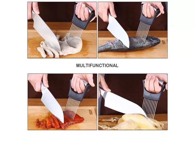 FOOD SLICE ASSISTANT VEGETABLE HOLDER STAINLESS STEEL ONION CUTTER ONION CHOP FRUIT
