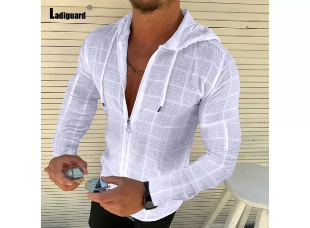 MEN SUMMER CASUAL PLAID TOP SOLID WHITE BLOUSE MENS OPEN STITCH THIN CLOTHES
