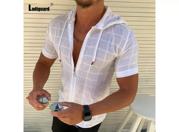 MEN SUMMER CASUAL PLAID TOP SOLID WHITE BLOUSE MENS OPEN STITCH THIN CLOTHES