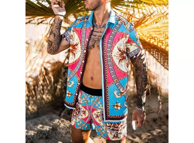 SUMMER SHORT SLEEVE BUTTON SHIRT BEACH SHORTS STREETWEAR  MENS  CASUAL BEACH WEAR CLOTHES