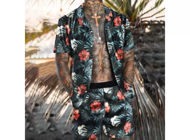 SUMMER SHORT SLEEVE BUTTON SHIRT BEACH SHORTS STREETWEAR  MENS  CASUAL BEACH WEAR CLOTHES