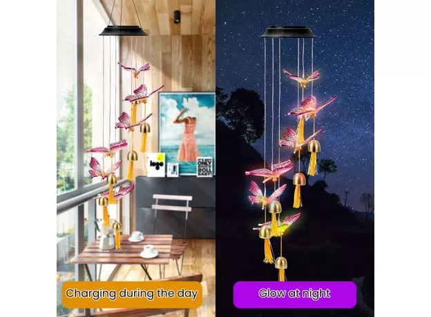 SOLAR LIGHT FANTASY HANGING LAMP WATERPROOF CRYSTAL HUMMINGBIRD BUTTERFLY WIND CHIME LAMP FOR HOME