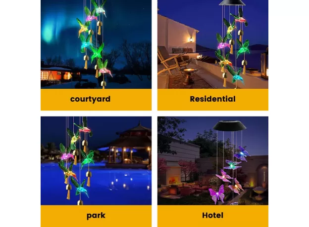 SOLAR LIGHT FANTASY HANGING LAMP WATERPROOF CRYSTAL HUMMINGBIRD BUTTERFLY WIND CHIME LAMP FOR HOME