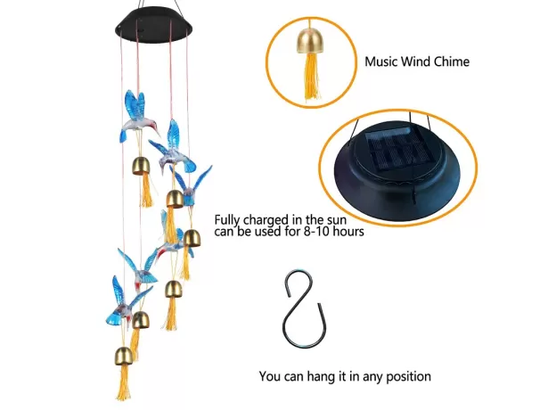 SOLAR LIGHT FANTASY HANGING LAMP WATERPROOF CRYSTAL HUMMINGBIRD BUTTERFLY WIND CHIME LAMP FOR HOME