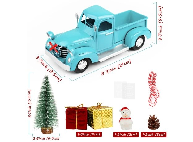 CHRISTMAS VINTAGE BLUE TRUCK DECOR METAL TRUCK CAR WITH MINI CHRISTMAS TREES