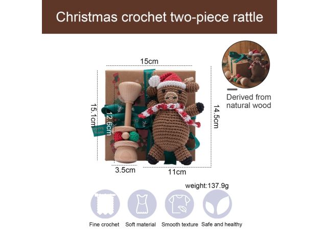 1Set Santa Claus Baby Rattle Toy Handmade Crochet Rattles Appease Doll Beech Wood Rattle Play Gym Kids Christmas Gift