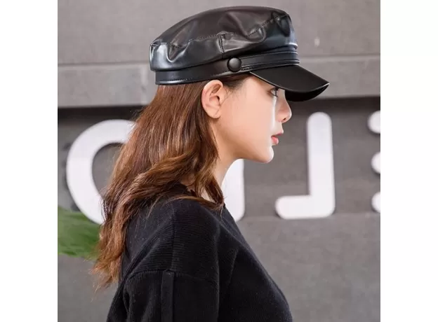 FASHION UNISEX PU LEATHER MILITARY CAPS SPRING AUTUMN SAILOR HATS FOR WOMEN MEN BLACK GREY FLAT TOP CAPTAIN CAP