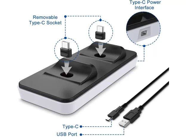 INNOAURA PS-5 CONTROLLER CHARGER STATION, DUAL PS-5 CHARGING STATION WITH REMOVABLE TYPE C CHARGING PORT