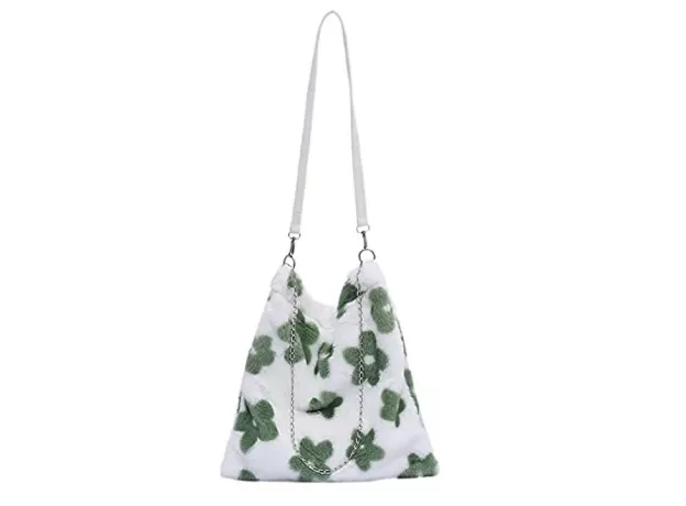 FLUFFY TOTE BAG FOR WOMEN GIRLS PLUSH CROSSBODY SHOULDER BAG WITH PU SHOULDER STRAP AND CHAIN FLOWER PRINT FLUFFY BAG