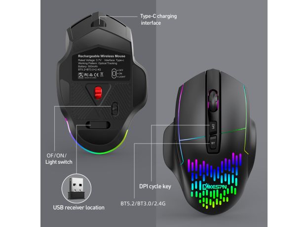 Three-mode 2.4G Bluetooth Wired Gaming Mouse 1600DPI Optical Computer Mouse