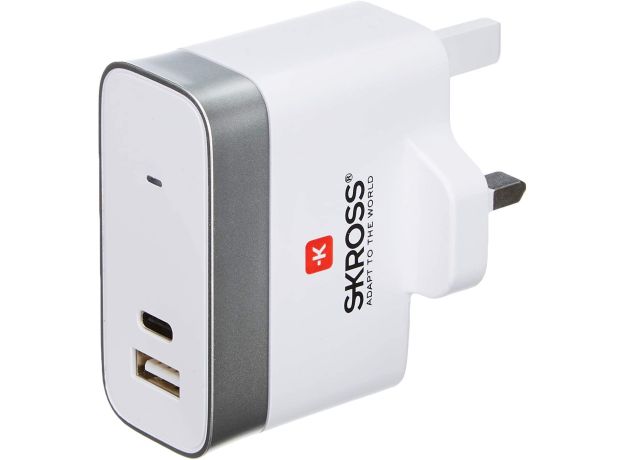 Skross UK USB Travel Charger with Type C Port, USB Charger along with Type C Port for Super Fast Charging, Designed in Switzerland for more than 50 Countries, 2.800132 White