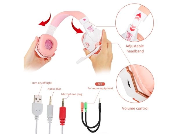 QEARFUN NEW PINK HEADPHONES FOR PC GIRLS GAMING HEADSET WITH MICROPHONE GAMER FOR PS4 WINDOWS