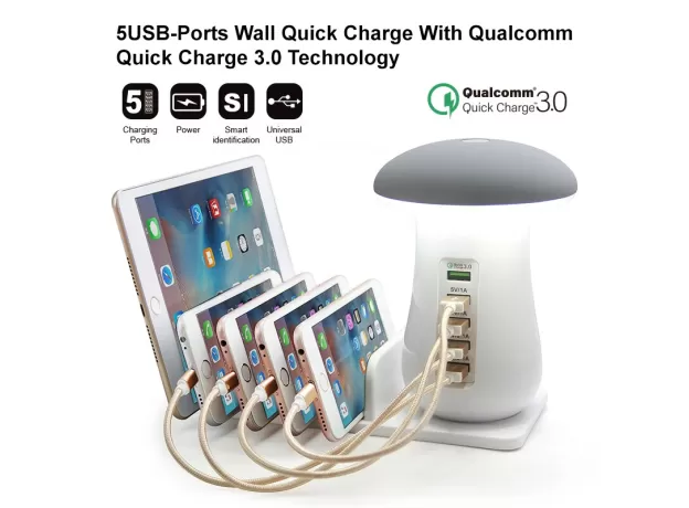 MULTI PORT QUICK CHARGER 5V 2.1A MUSHROOM LAMP QC 3.0 CHARGE FOR SMART PHONE LED LAMP USB CHARGING STATION