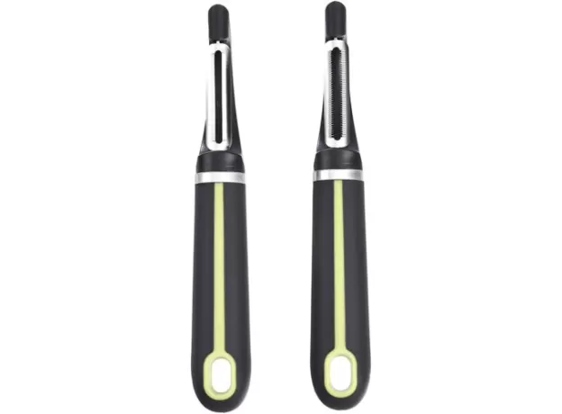 AMAZON BASICS 2-PIECE PEELER SET WITH A SOFT GRIP HANDLE GREY AND GREEN