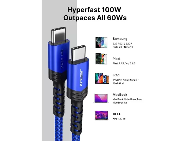 JSAUX USB C TO USB C TYPE C FASTING CHARGING CABLE 10FT [100W 20V/5A] NOTE 2 S22