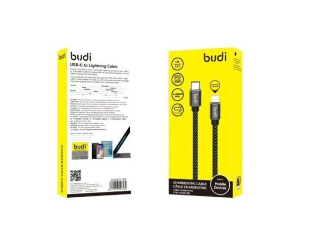 Budi 2m PD 20W USB Type-C to Lighting iPhone Black Aluminium Shell Braided Cable