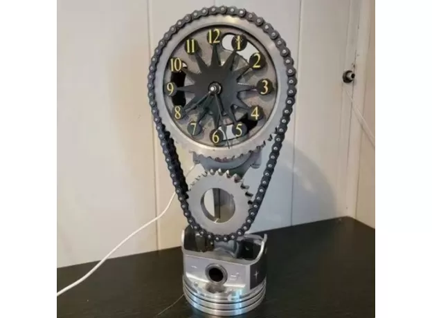 VINTAGE MECHANICAL WIND CHAIN GEAR CLOCK, DECORATIVE METAL BLOCK TIMING CHAIN CLOCK