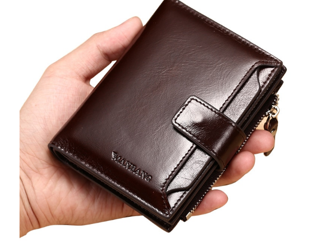 Genuine Leather Men Wallets Fashion Trifold Wallet Zip Coin Pocket
